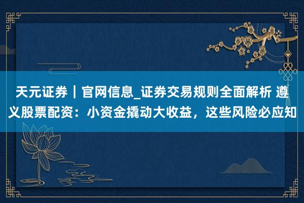 天元证券｜官网信息_证券交易规则全面解析 遵义股票配资：小资金撬动大收益，这些风险必应知